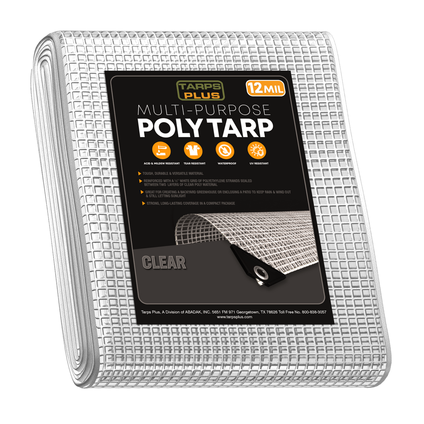 Tarps Plus heavy-duty clear poly tarp, 12 MIL thickness, waterproof, UV-resistant, tear-resistant, with reinforced polyethylene grid and grommets.