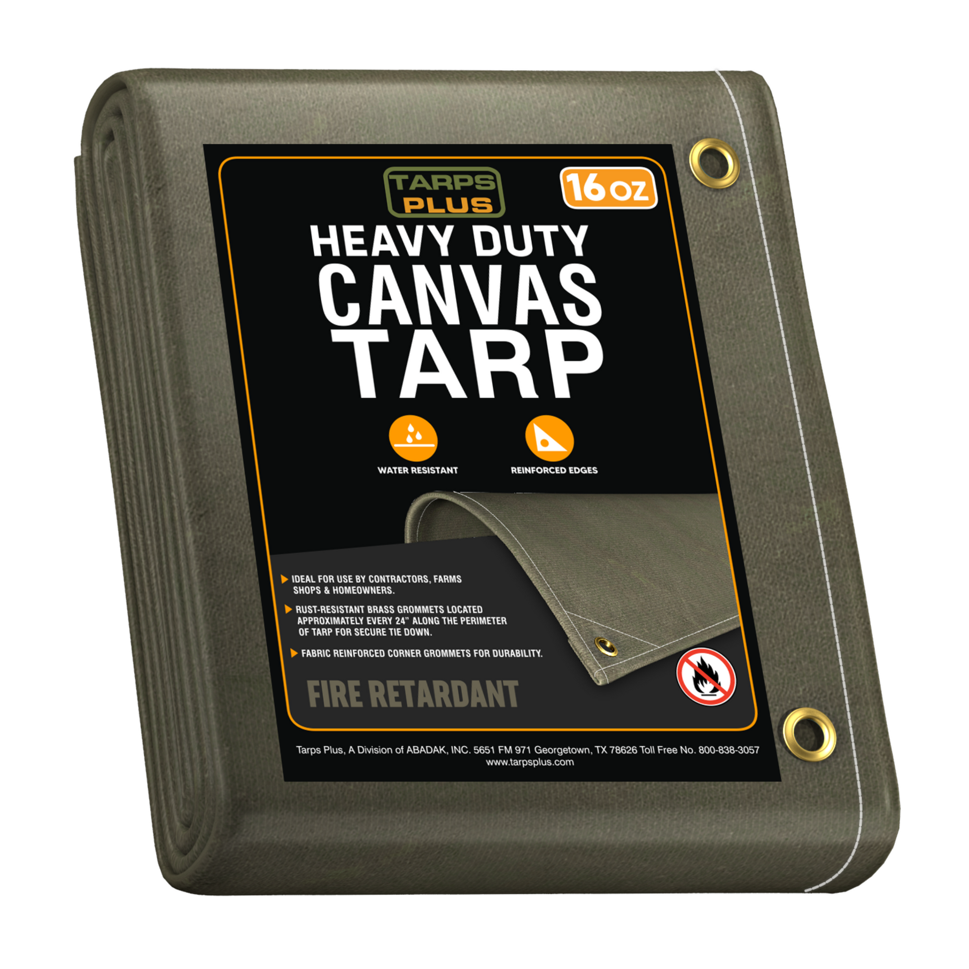 Tarps Plus 16 oz heavy-duty fire-retardant canvas tarp with water resistance, reinforced edges, and rust-resistant brass grommets for durability.