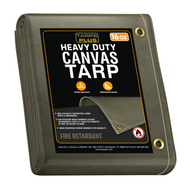 Tarps Plus 16 oz heavy-duty fire-retardant canvas tarp with water resistance, reinforced edges, and rust-resistant brass grommets for durability.