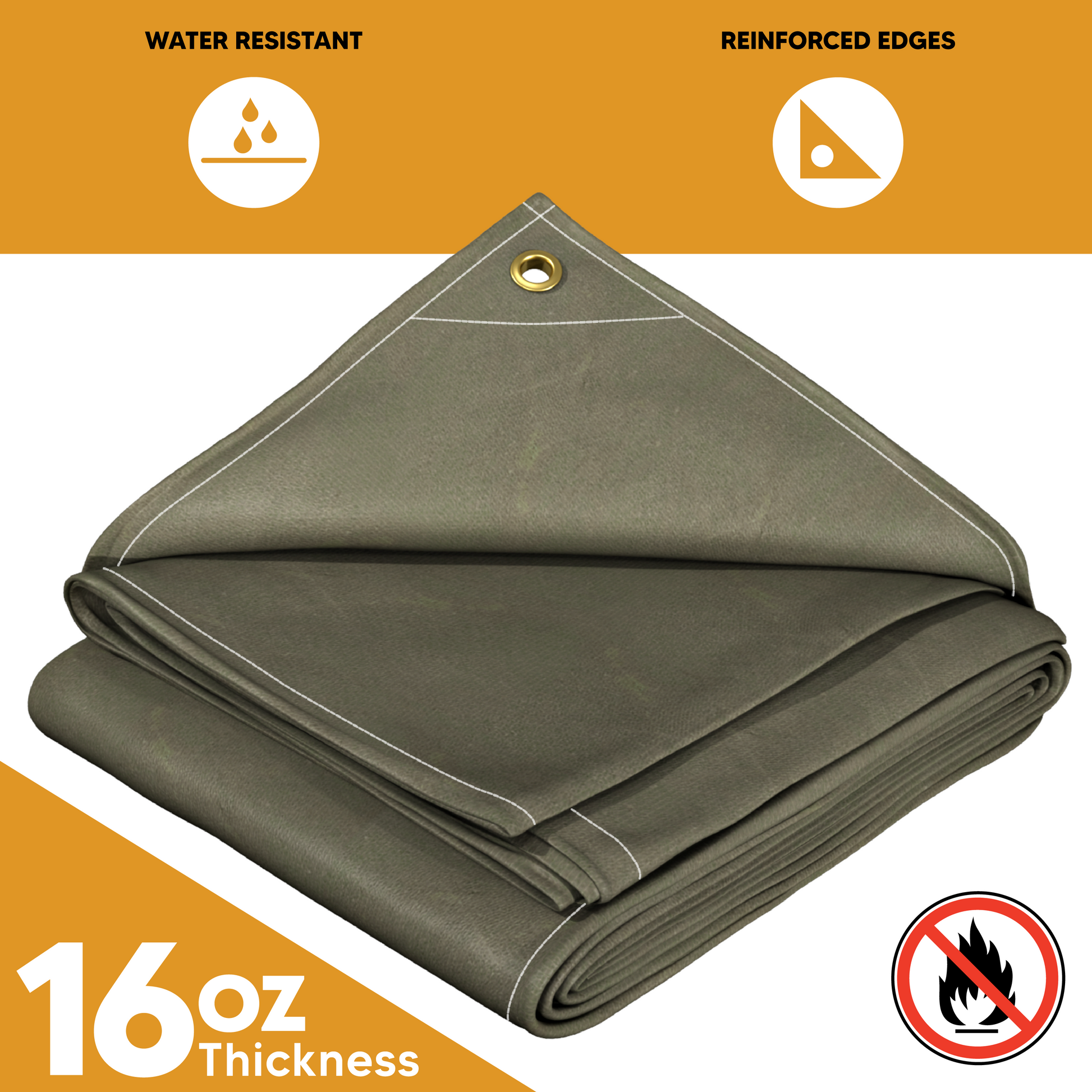 16 oz fire-retardant, water-resistant canvas tarp with reinforced edges and brass grommets for durability and secure fastening.