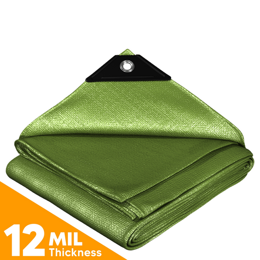 Heavy-duty green poly tarp, 12 mil thick, with reinforced black plastic corners and a metal grommet for durability and secure fastening.