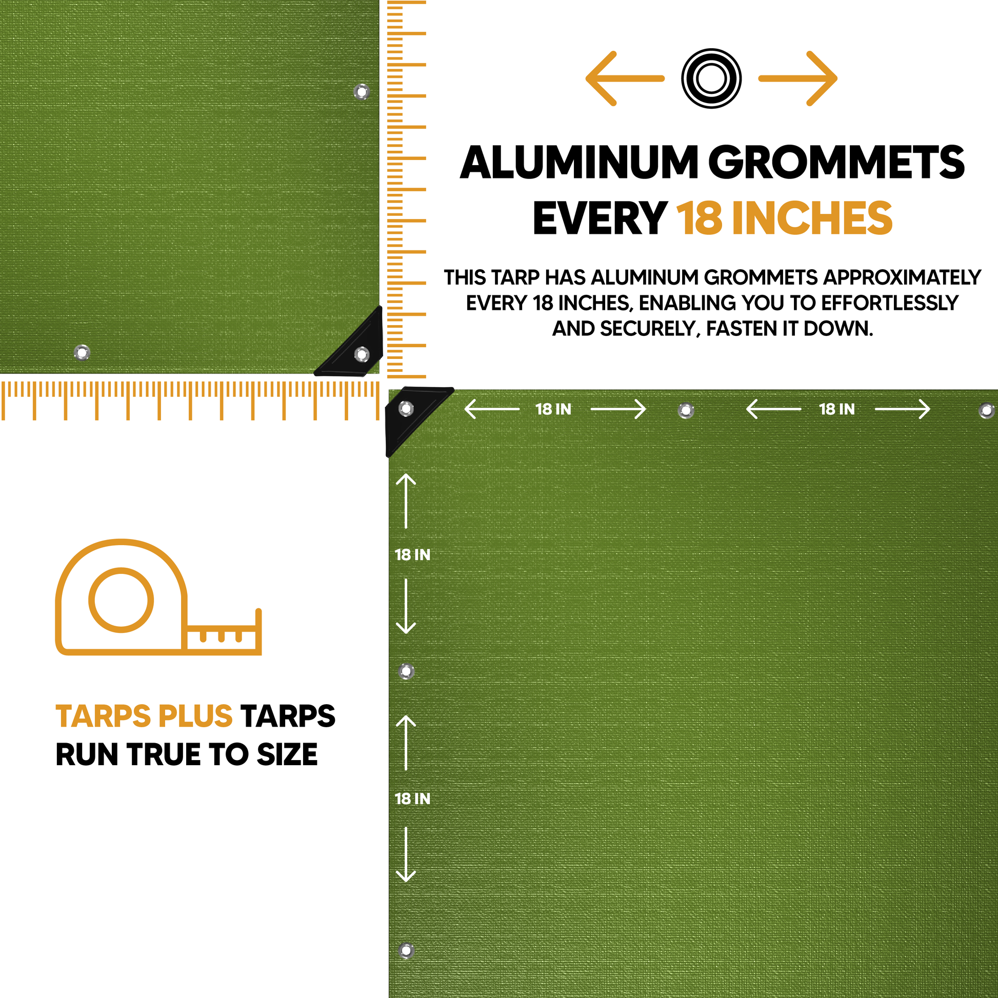 Green Tarp Grommet Sizing – Close-up of a green heavy-duty tarp with aluminum grommets placed every 18 inches for secure tie-downs.