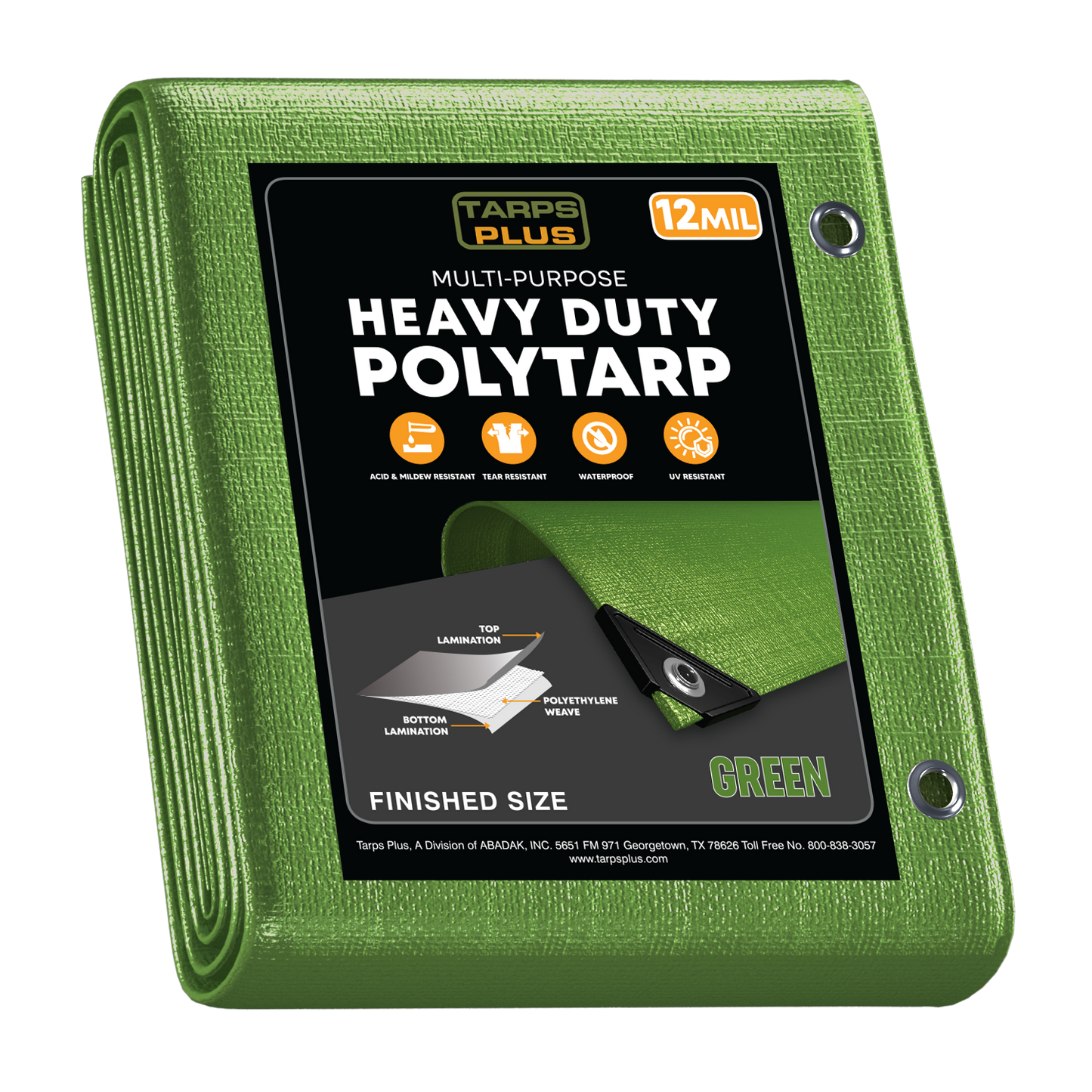 Green Heavy Duty Poly Tarp – Durable 12-mil green poly tarp, waterproof, UV-resistant, tear-proof, with reinforced aluminum grommets.