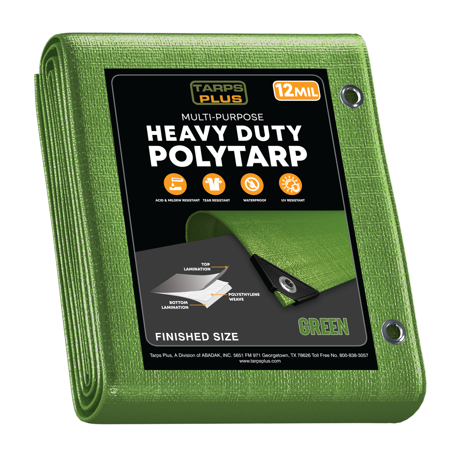 Green Heavy Duty Poly Tarp – Durable 12-mil green poly tarp, waterproof, UV-resistant, tear-proof, with reinforced aluminum grommets.