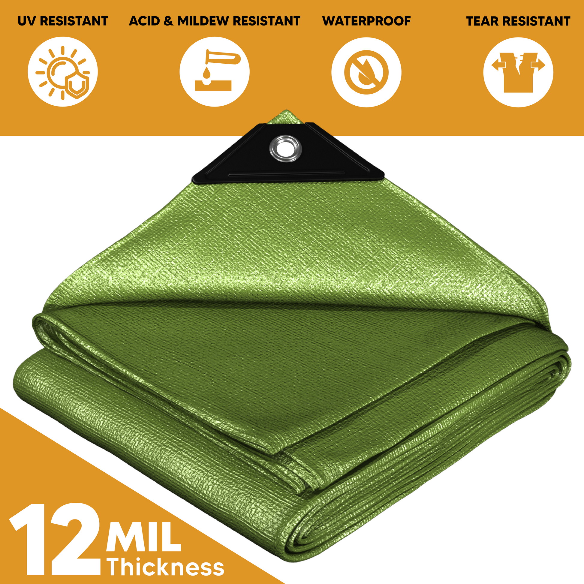 Green Heavy Duty Tarp Overview – Folded green tarp featuring UV, tear, and mildew resistance, waterproof coating, and strong polyethylene fabric.