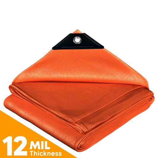 Heavy-duty orange poly tarp with 12-mil thickness, reinforced edges, metal grommet, and durable construction for versatile outdoor use.