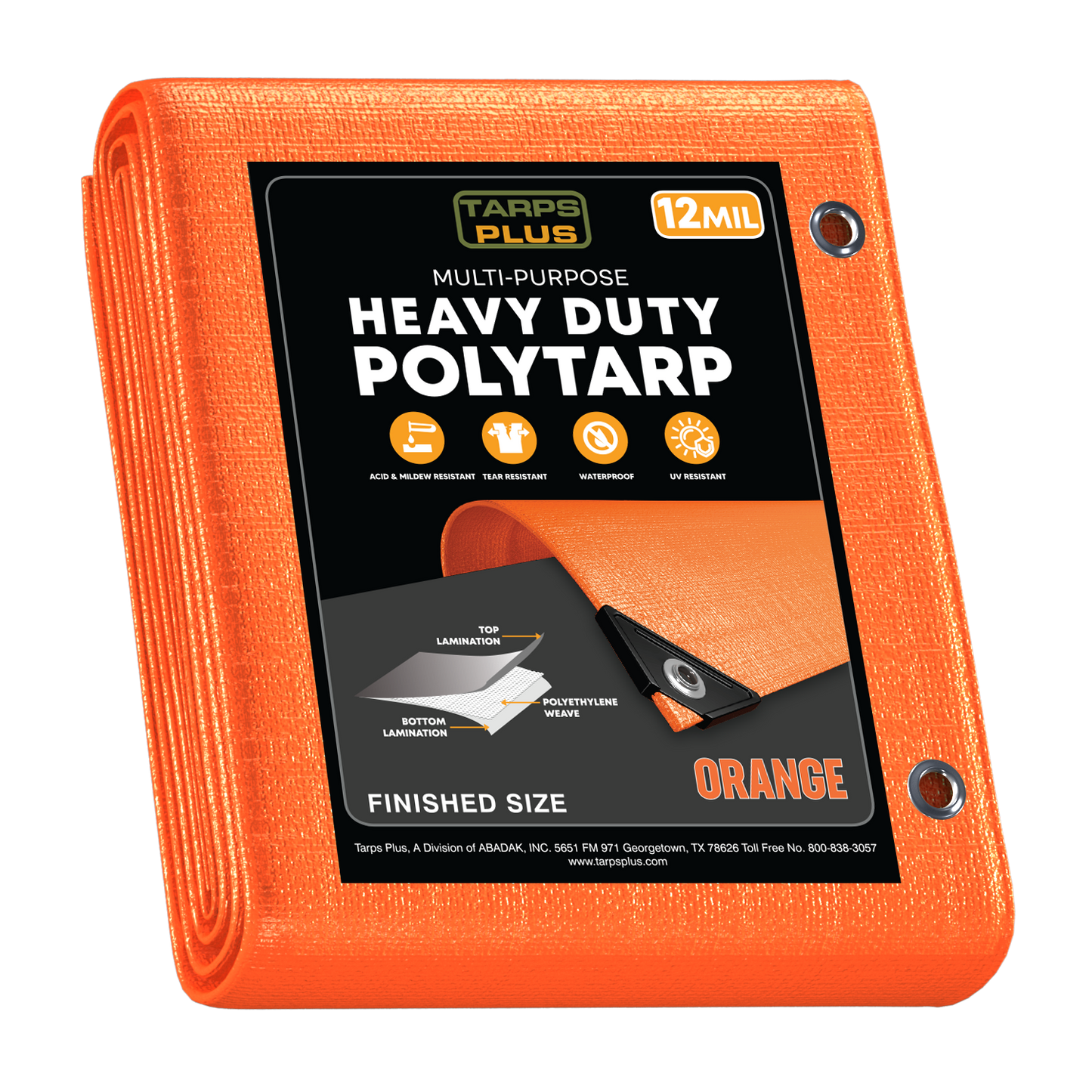 Tarps Plus heavy-duty orange poly tarp, 12-mil thickness, waterproof, UV-resistant, tear-resistant, with reinforced grommets.