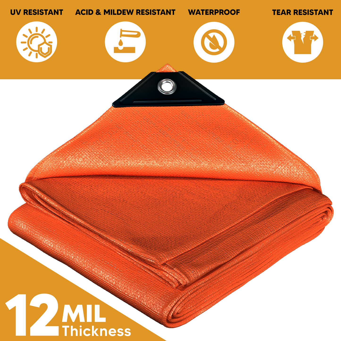 Heavy-duty orange poly tarp, 12-mil thickness, UV-resistant, waterproof, tear-resistant, and acid & mildew-resistant with reinforced grommets.