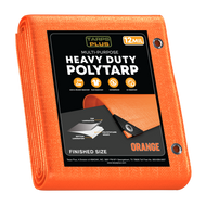 Tarps Plus heavy-duty orange poly tarp, 12-mil thickness, waterproof, UV-resistant, tear-resistant, with reinforced grommets.