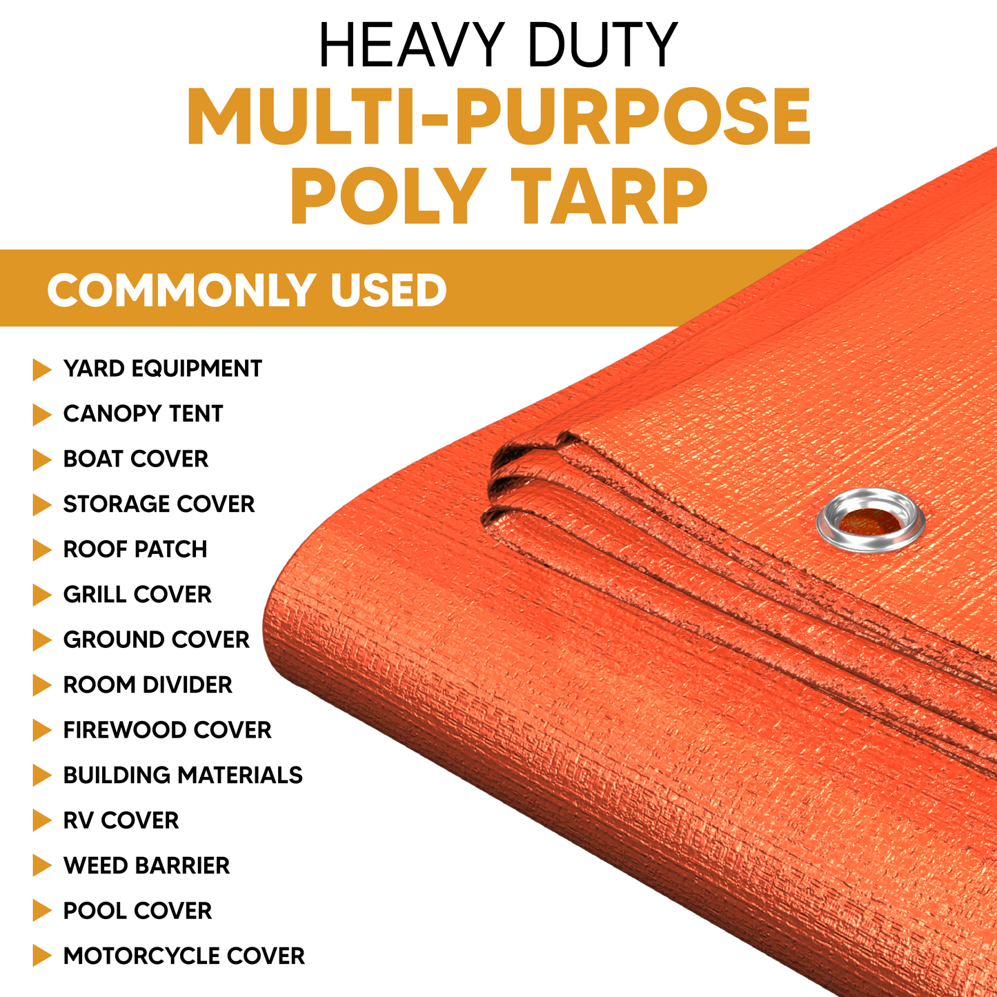 Heavy-duty orange multi-purpose poly tarp with reinforced edges and aluminum grommets. Ideal for yard, storage, roofing, and outdoor cover use.