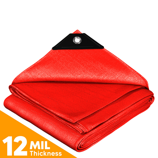 Heavy-duty red tarp with reinforced black corner grommet, 12-mil thickness, durable waterproof polyethylene for outdoor protection.