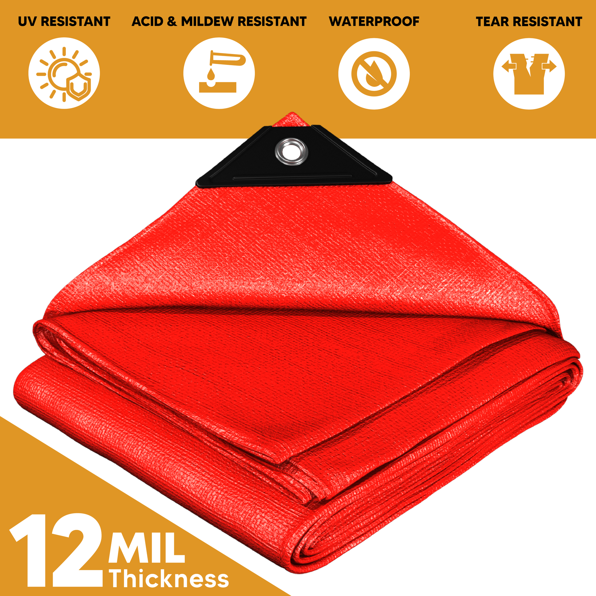 Red heavy-duty tarp with 12-mil thickness, featuring UV, acid, mildew, tear resistance, and waterproof properties, reinforced grommets