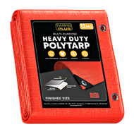 Tarps Plus 12-mil heavy-duty red poly tarp, waterproof, UV-resistant, tear-resistant, reinforced grommets, ideal for outdoor use.