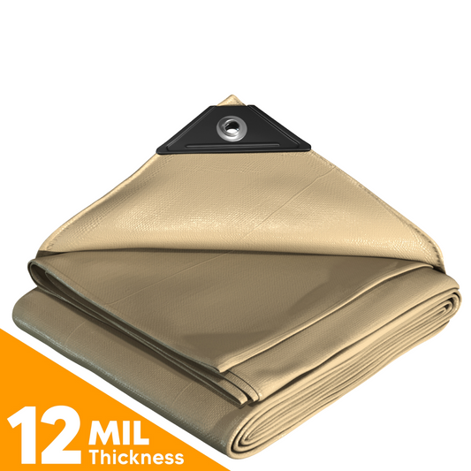 Tan Heavy-Duty Poly Tarp, 12 Mil Thickness, Waterproof, UV Resistant, Reinforced Corners, and Aluminum Grommets for Secure Fastening.