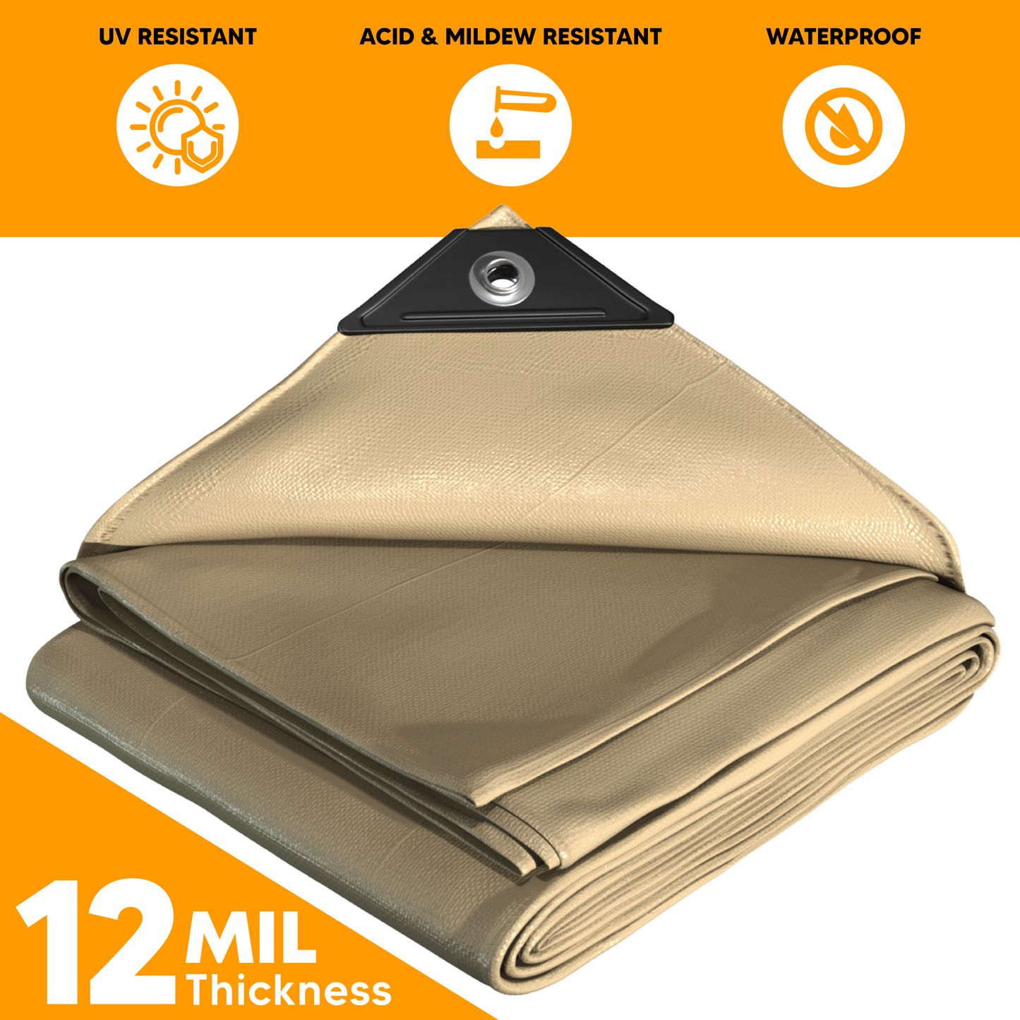 Tan Heavy-Duty Poly Tarp, 12 Mil Thickness, Waterproof, UV & Acid Resistant, Reinforced Grommets, Durable Outdoor Cover – Tarps Plus