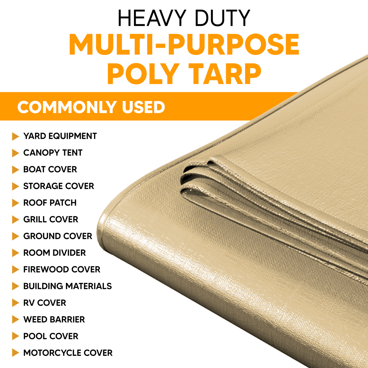 Tan Heavy-Duty Multi-Purpose Poly Tarp for Yard Equipment, Canopy Tents, Boat Covers, Roof Patches, Storage, RVs, and More.