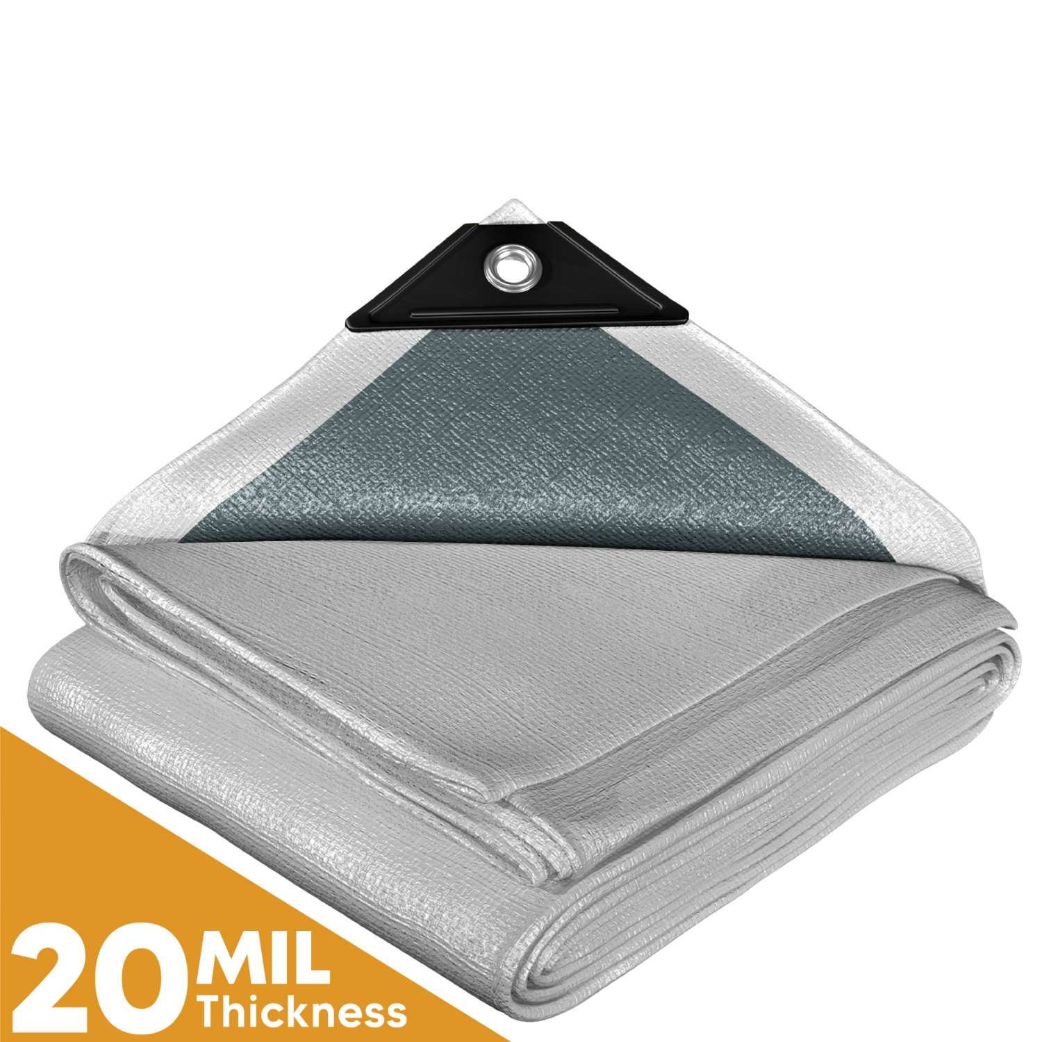 20 mil thick heavy-duty poly tarp in white and silver with reinforced corners and aluminum grommets for durability and secure fastening.