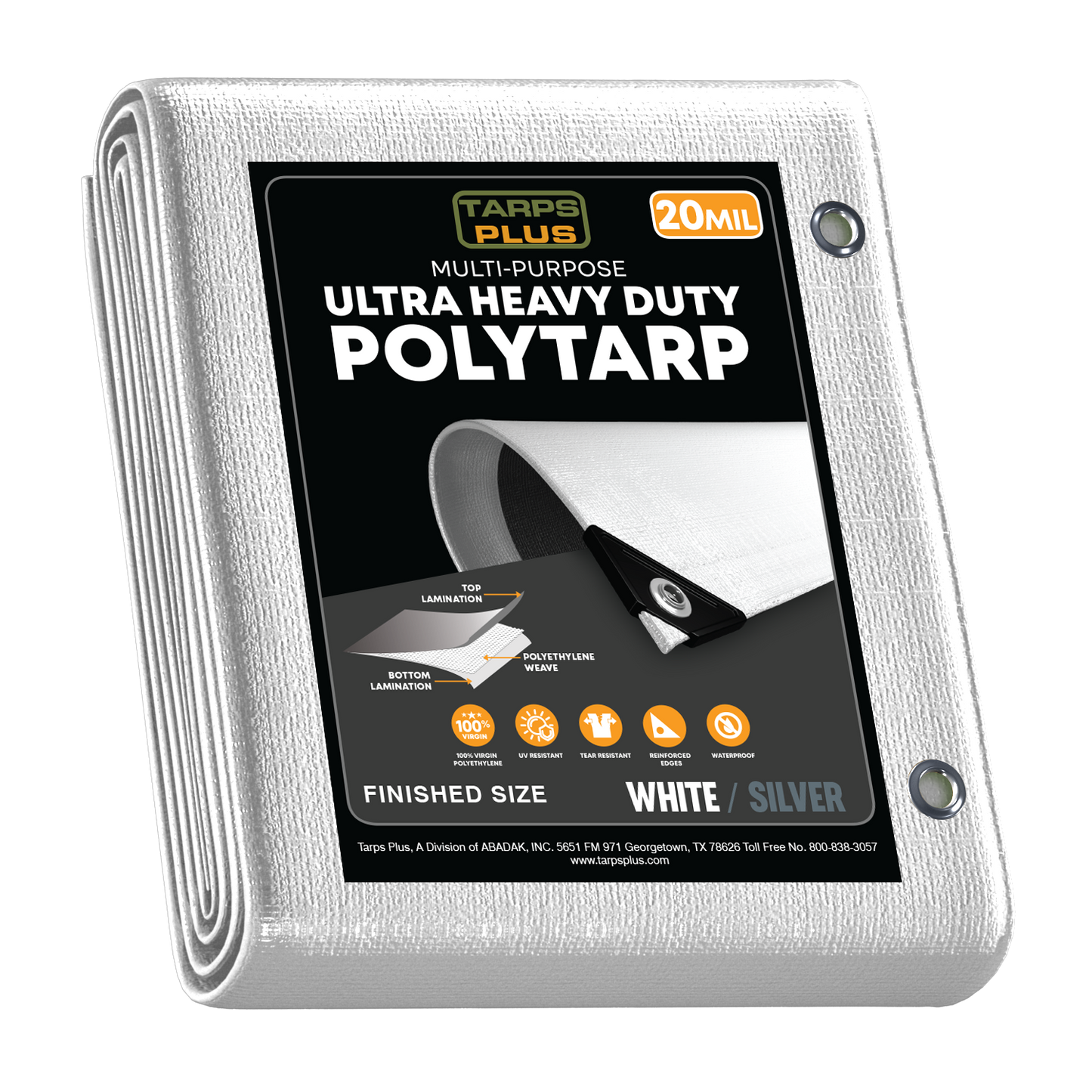 Tarps Plus 20MIL ultra heavy-duty poly tarp, white/silver, waterproof, UV-resistant, tear-resistant, reinforced grommets, multi-purpose.