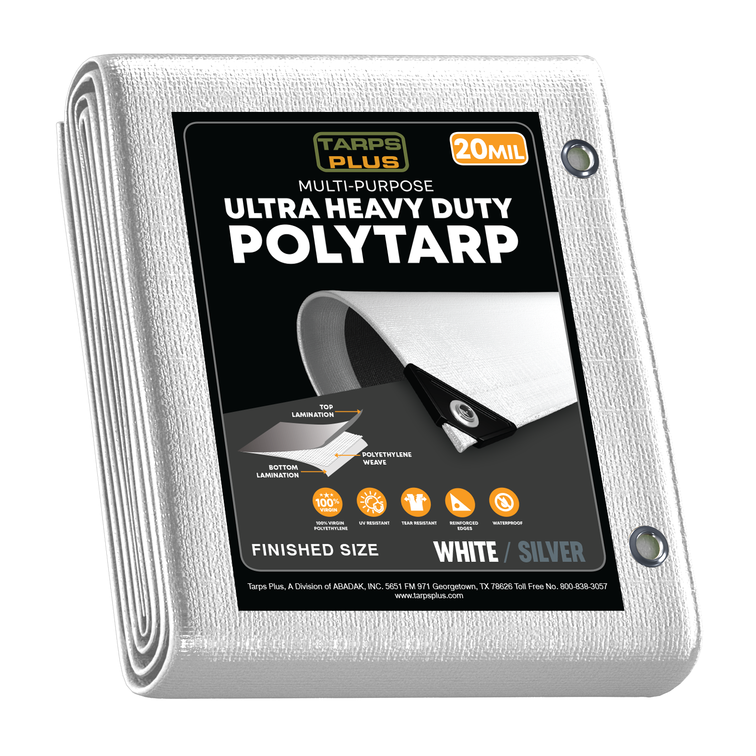 Tarps Plus 20MIL ultra heavy-duty poly tarp, white/silver, waterproof, UV-resistant, tear-resistant, reinforced grommets, multi-purpose.