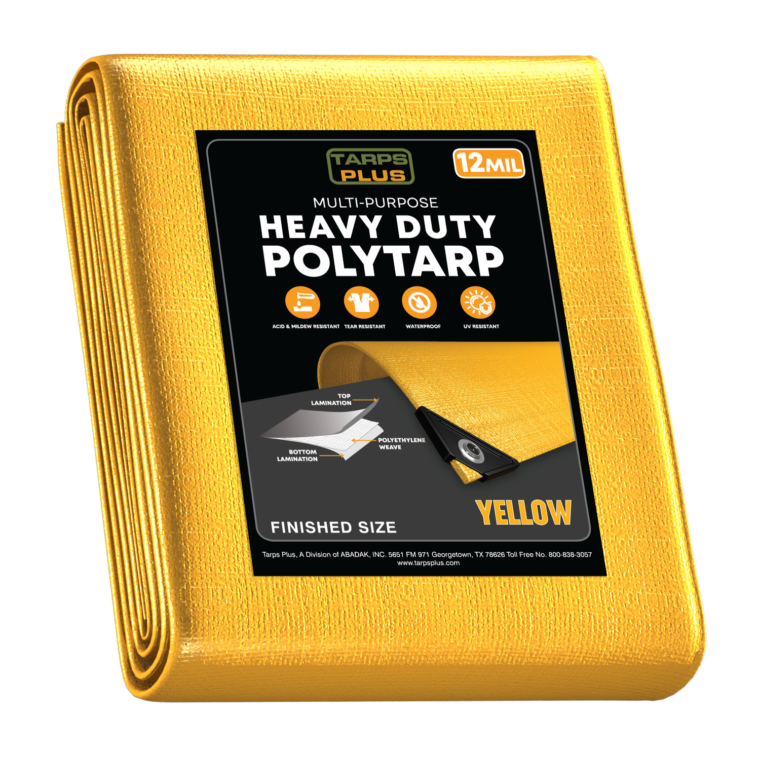 Tarps Plus heavy-duty yellow poly tarp, 12-mil thickness, waterproof, UV-resistant, tear-resistant, with reinforced grommets and polyethylene weave.