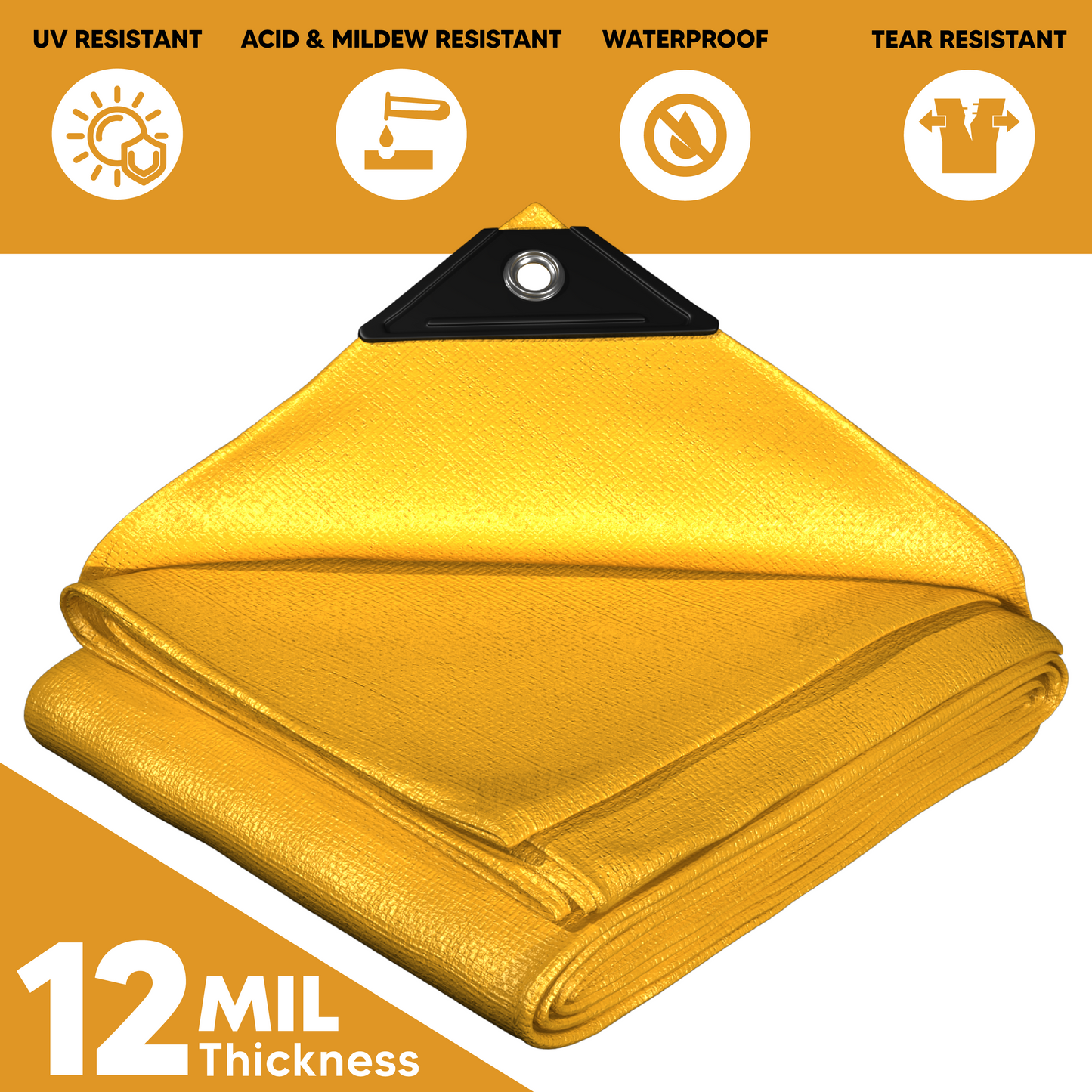 Heavy-duty yellow poly tarp, 12-mil thickness, UV-resistant, waterproof, tear-resistant, and acid & mildew-resistant with reinforced grommets.