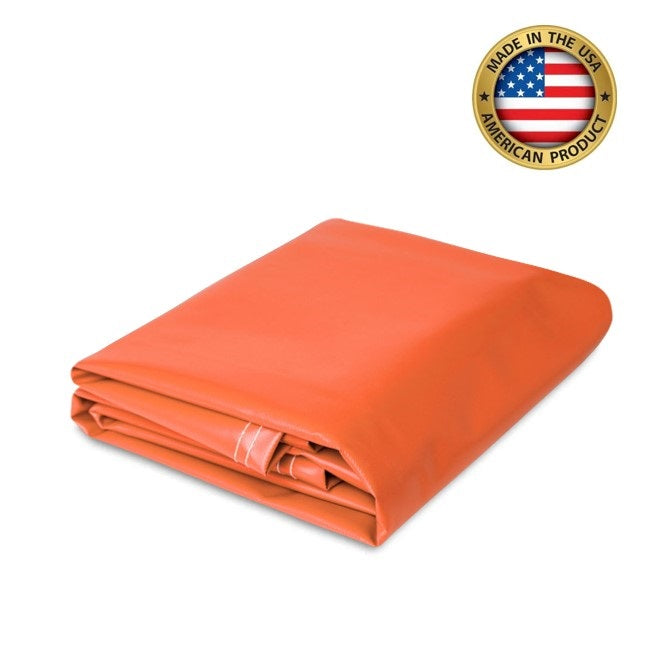 Orange super vinyl tarp, 18 oz polyester-coated, made in the USA, heavy-duty, waterproof, and durable for industrial and outdoor use.