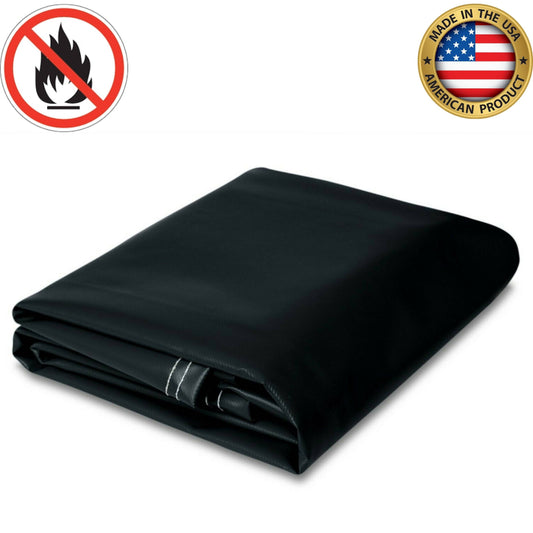 Black flame-retardant vinyl tarp, 18 oz polyester-coated, made in the USA, durable and weather-resistant for heavy-duty applications.