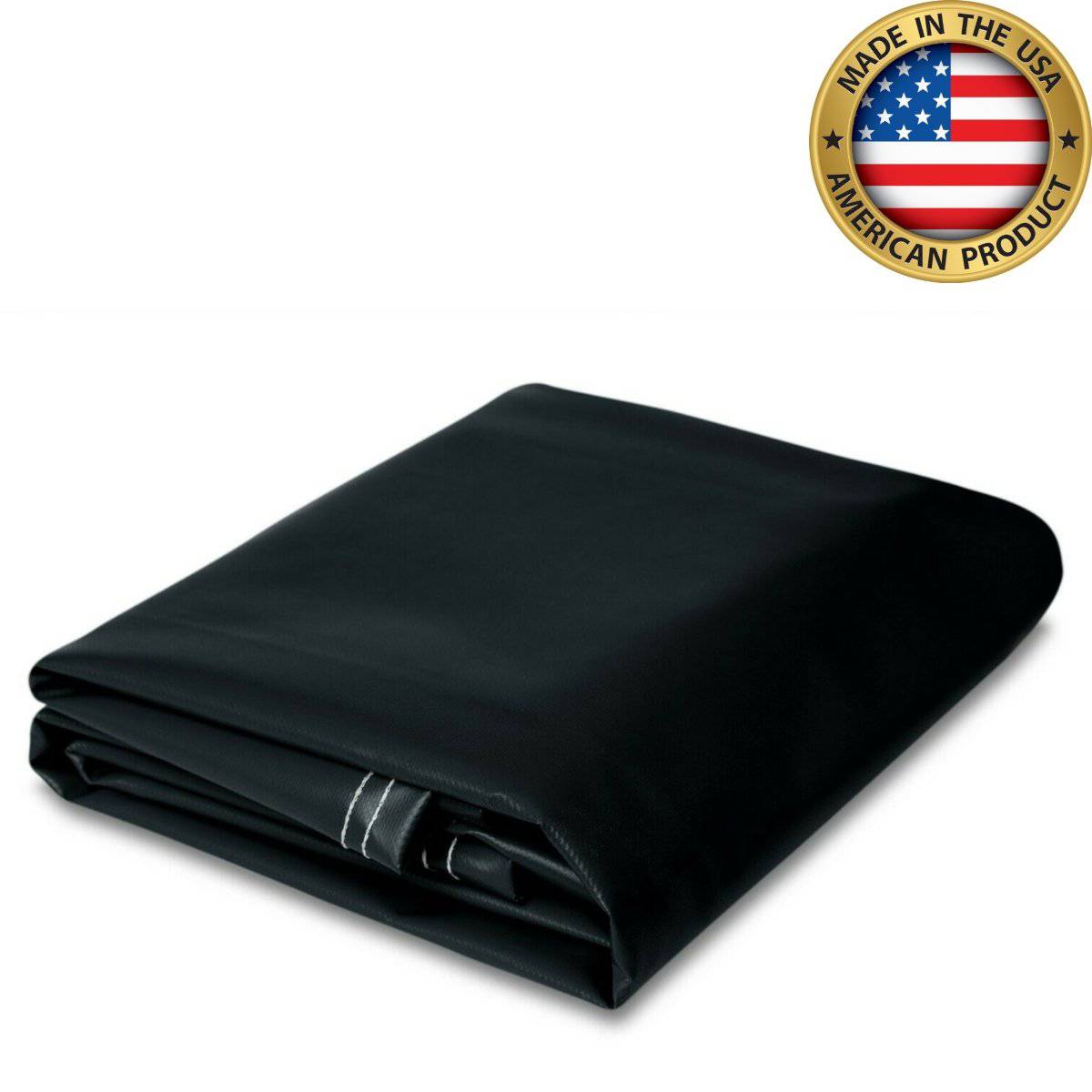 Black super vinyl tarp, 18 oz polyester-coated, made in the USA, heavy-duty, waterproof, and durable for industrial and outdoor use.