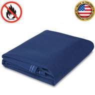 Blue flame-retardant vinyl tarp, 18 oz polyester-coated, made in the USA, heavy-duty and weather-resistant for industrial use.