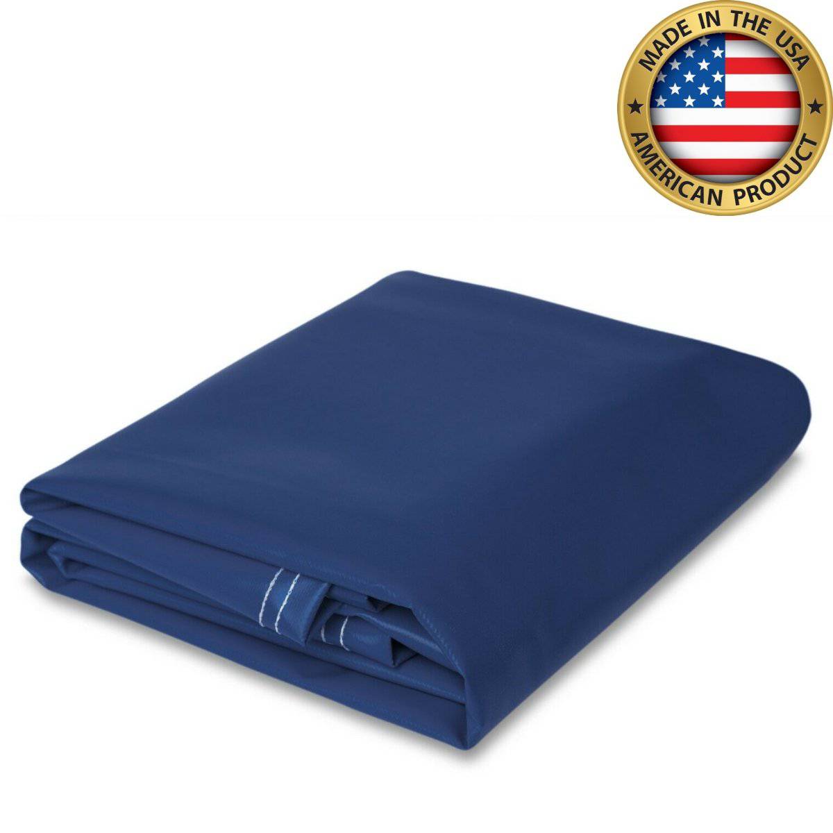 Blue super vinyl tarp, 18 oz polyester-coated, made in the USA, heavy-duty, waterproof, and durable for industrial and outdoor use.