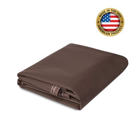 Brown super vinyl tarp, 18 oz polyester-coated, made in the USA, heavy-duty, waterproof, and durable for industrial and outdoor use.