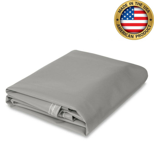 Gray super vinyl tarp, 18 oz polyester-coated, made in the USA, heavy-duty, waterproof, and durable for industrial and outdoor use.