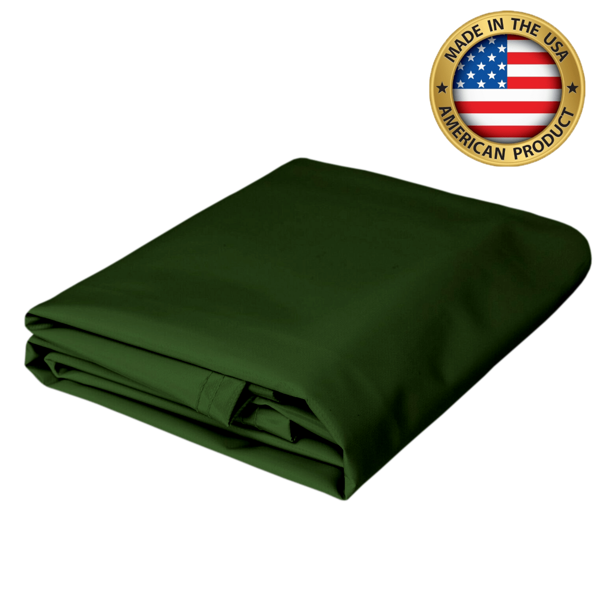 Green super vinyl tarp, 18 oz polyester-coated, made in the USA, heavy-duty, waterproof, and durable for industrial and outdoor use.