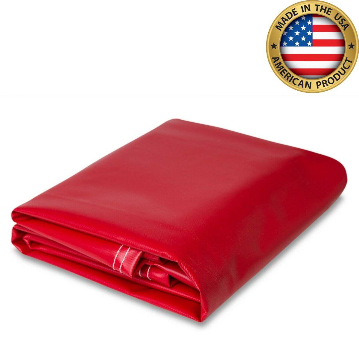 Red super vinyl tarp, 18 oz polyester-coated, made in the USA, heavy-duty, waterproof, and durable for industrial and outdoor use.