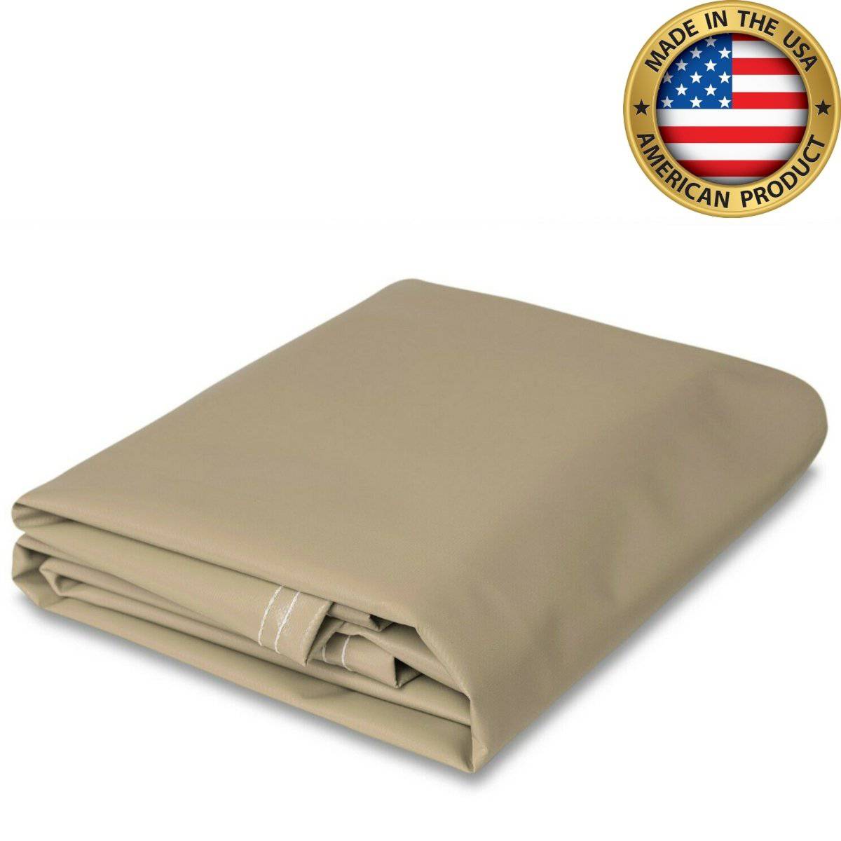 Tan super vinyl tarp, 18 oz polyester-coated, made in the USA, heavy-duty, waterproof, and durable for industrial and outdoor use.