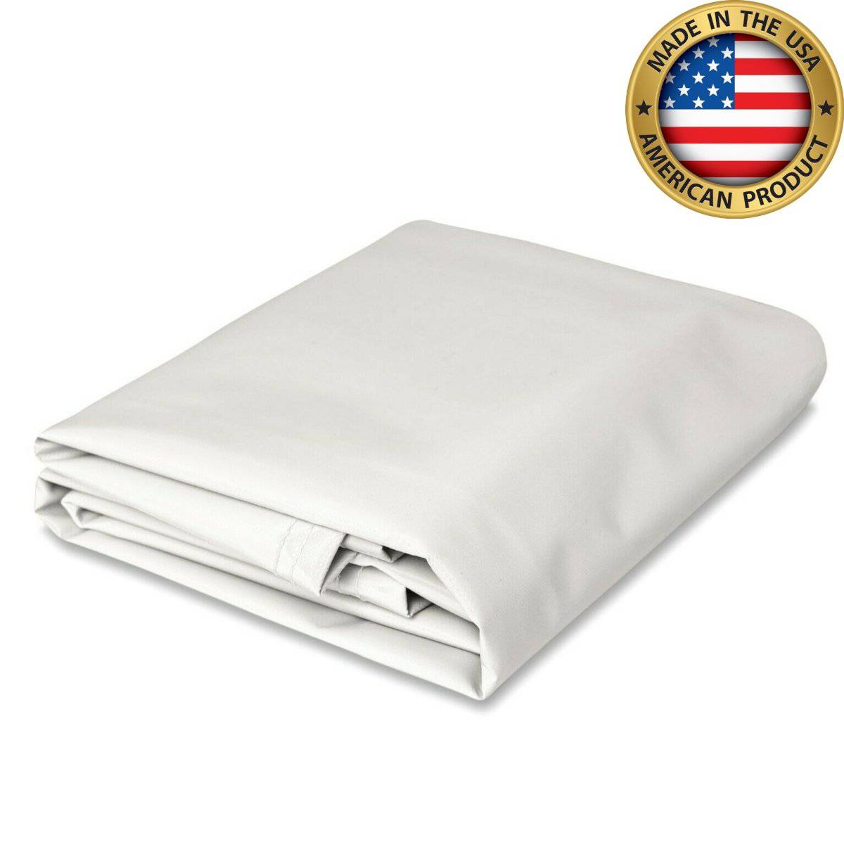 White super vinyl tarp, 18 oz polyester-coated, made in the USA, heavy-duty, waterproof, and durable for industrial and outdoor use.