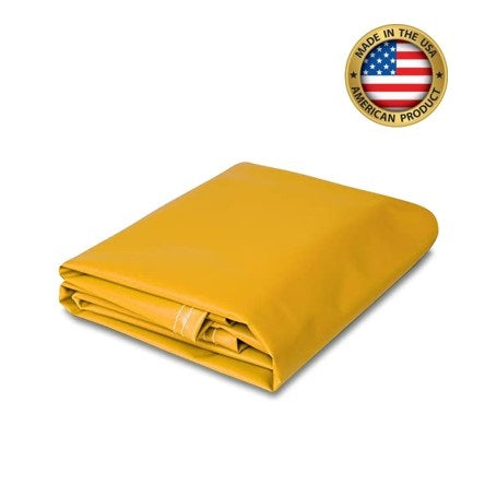 Yellow super vinyl tarp, 18 oz polyester-coated, made in the USA, heavy-duty, waterproof, and durable for industrial and outdoor use.